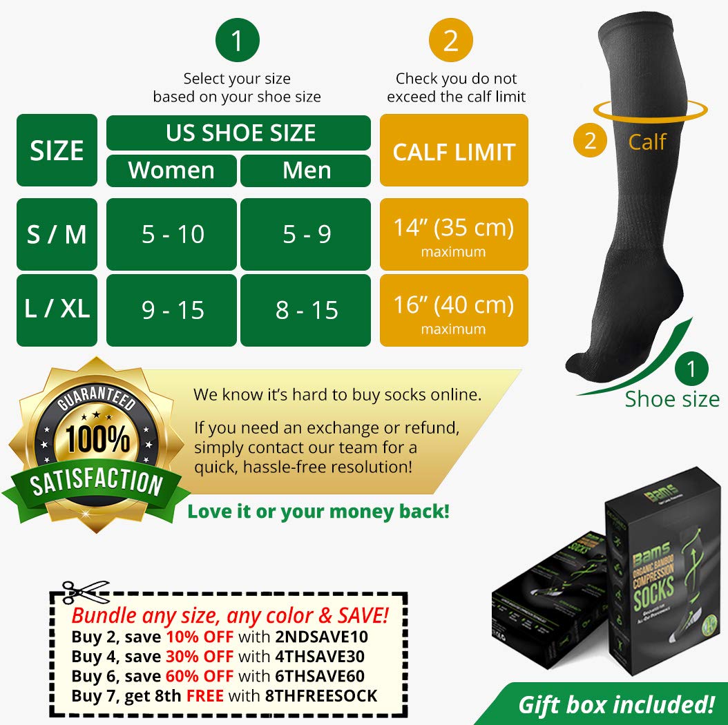 Bams Odor-Kill Bamboo Black Compression Socks for Men, Women- Antibacterial 15-20 mmHg Medical Graduated Knee-High Sock for Recovery Pain Swelling Injury Sports, Diabetic, Nurse, Maternity, Flight