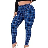 Floerns Women's Plus Size Casual Gingham Plaid Pattern High Waist Skinny Leggings