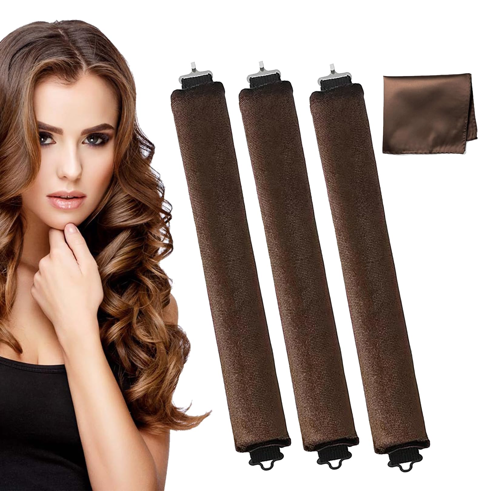 3PCS Heatless Overnight Hair Curlers with Headband Wrap,Heatless Blowout Rods,Heatless Curling Rod,Heatless Blowout Rods,Flexible Hair Curlers for All Hair Types,Big Waves,DIY Hair Styling Tools,Brown