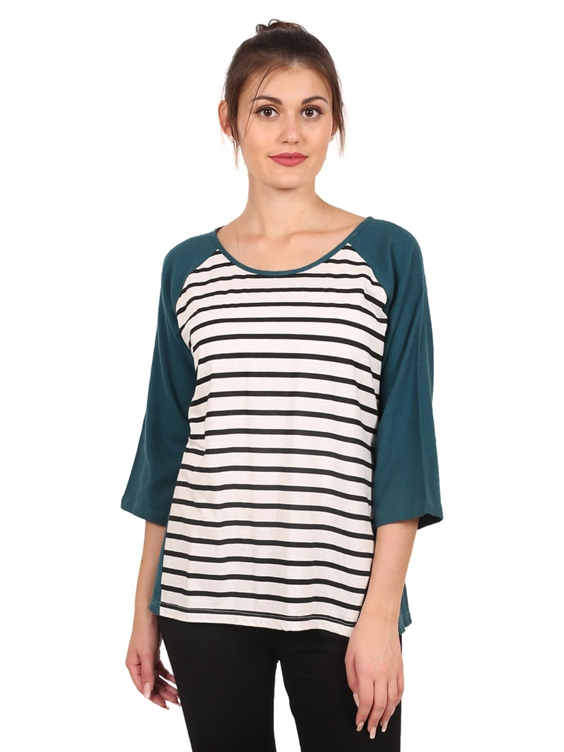 9teenagain women's black striped hosiery top (teal & black & white)