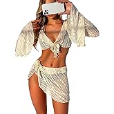 COZYEASE Women's 4 Piece Bikini Set - Cheeky Halter Triangle Swimsuit Set - Sheer Knot Bathing Suit Cover Up