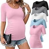 Sweetyweee 5 Pack Women's Maternity Shirts, Scoop Neck Maternity Top Casual Half Sleeve Tee Side Ruched Pregnancy Clothes