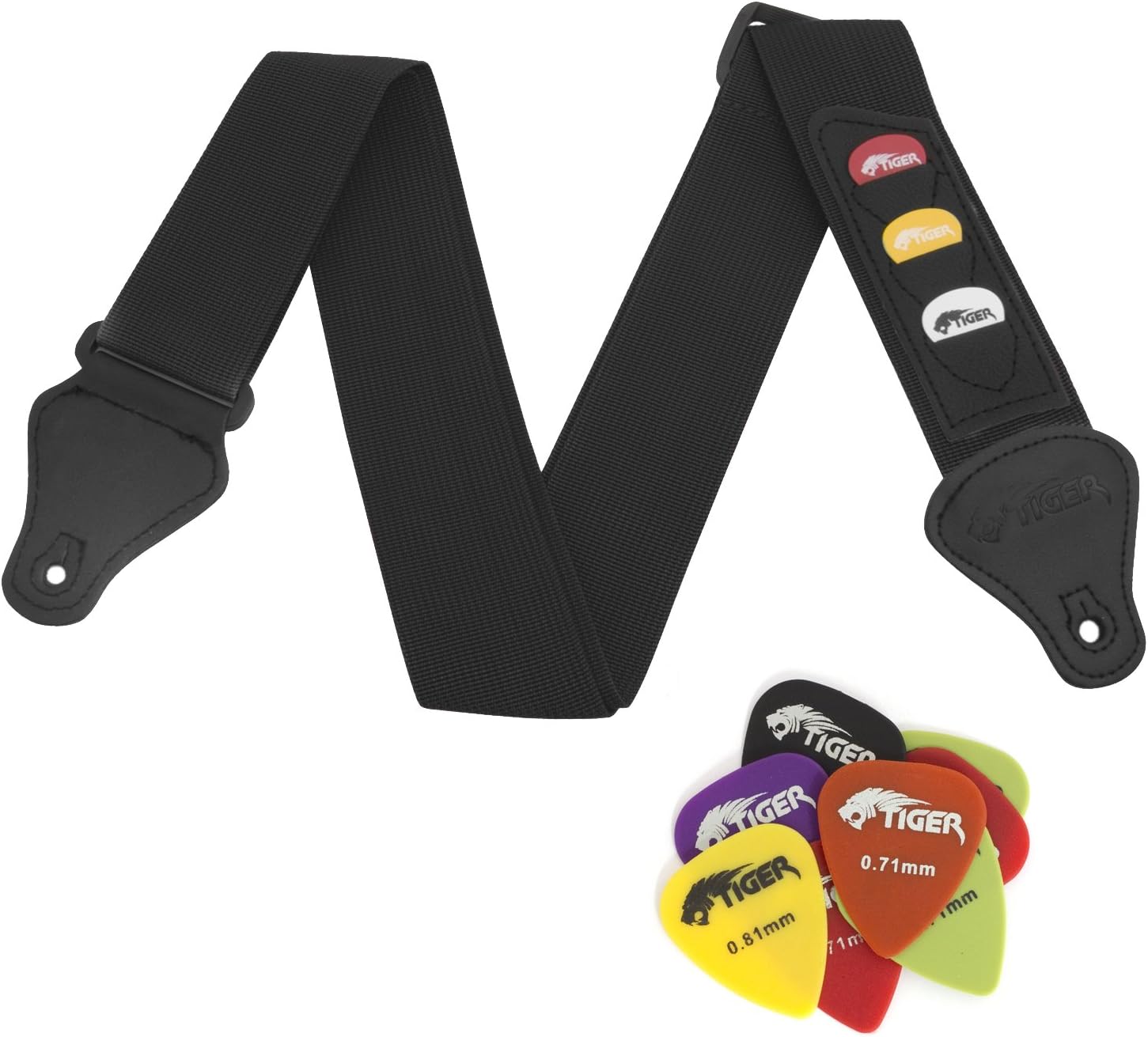 Tiger Black Guitar Strap and 12 Free Picks, 4/4