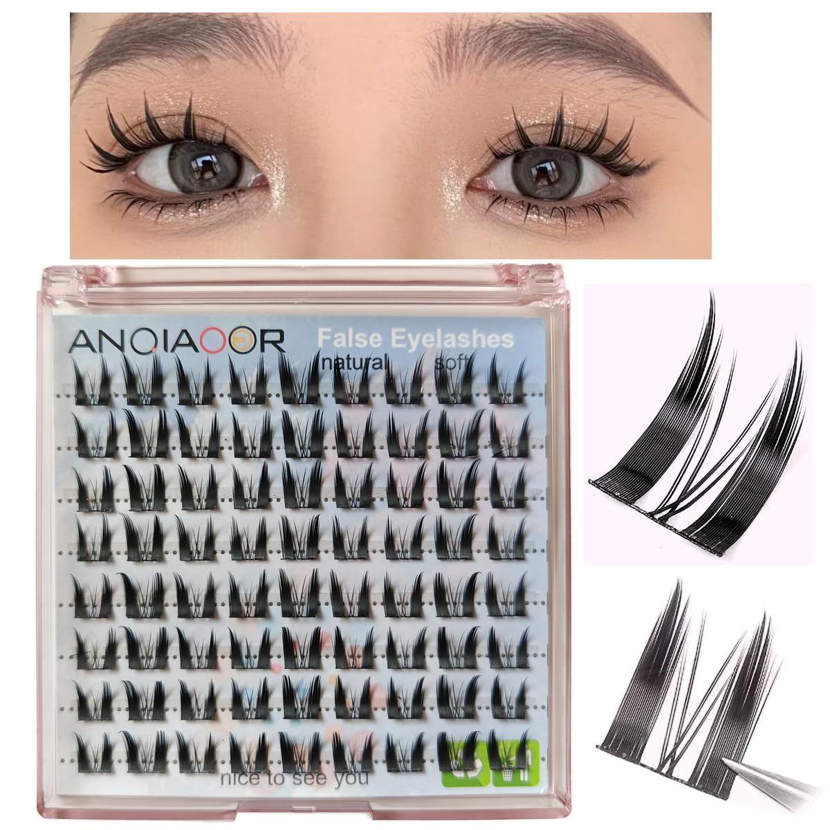 ANQIAOER Cat Eye Manga Lashes False Eyelashes Artificial Natural Look, C Curl Cateye, 12 Pairs, Hybrid Wispy Volume, Black, Vegan, Cruelty Free, Cluster & Individual, 24 Count