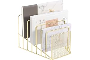 Simmer Stone 1 Pack Incline File Sorter, 7 Slot Magazine Holder for Letter, Document, Folder and Book, Metal Desktop Organizer Rack for Home, School and Office, Gold