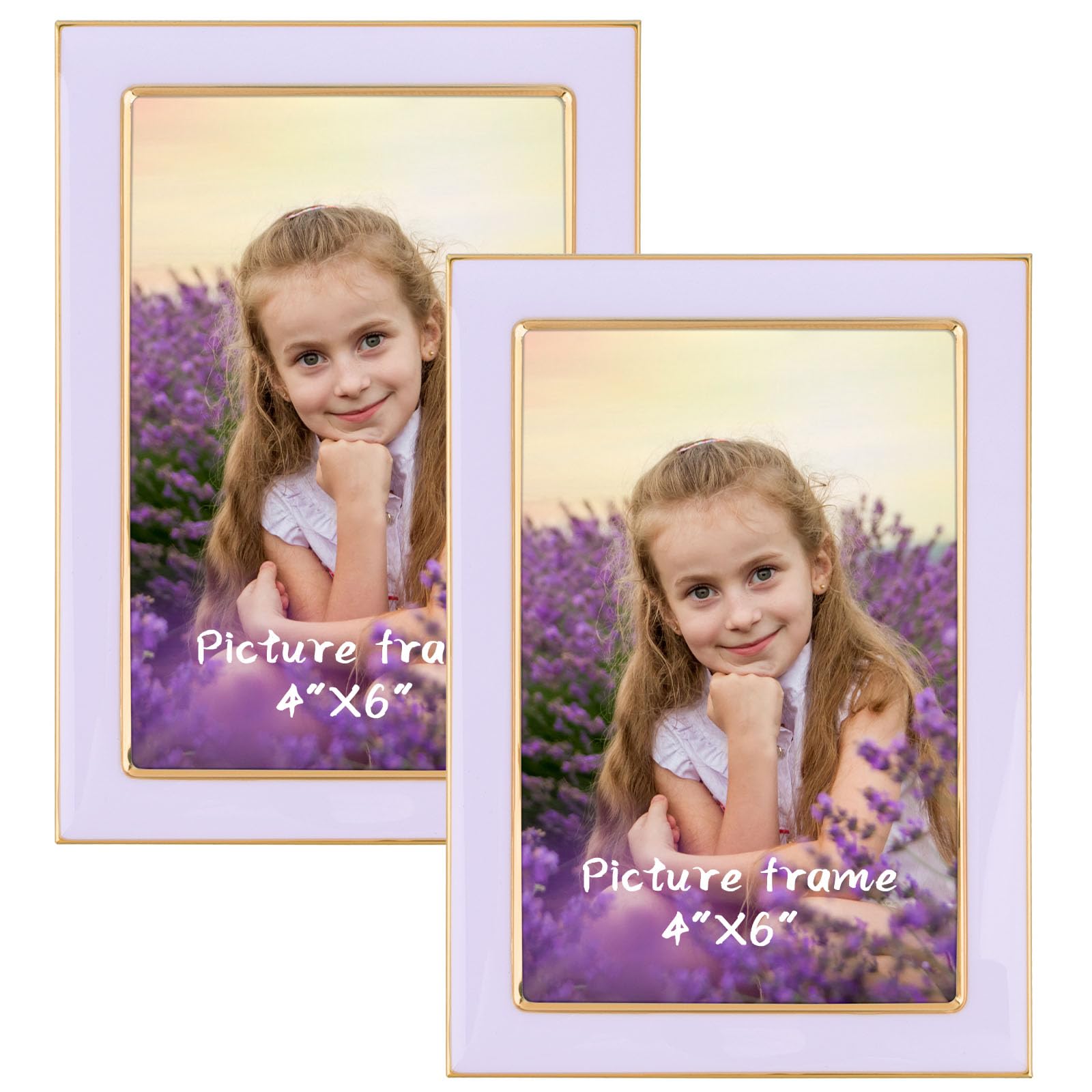 Photo 1 of 4x6 Purple Enamel Picture Frames - Metal Gold Edge - Cute Frame for 4 x 6 Inch Photos Pictures Artwork - Real Glass - With Tabletop Easel Stand - Hanger for Wall Mount Display (2 Pack)