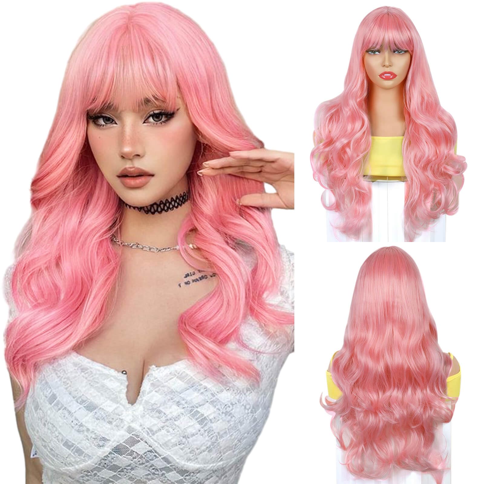 BECUS Pink Wig Body Wavy Wigs for Women Synthetic Wig Natural Curly with Straight Bangs for Cosplay Party Halloween Costume(24"-Pink) — image 1