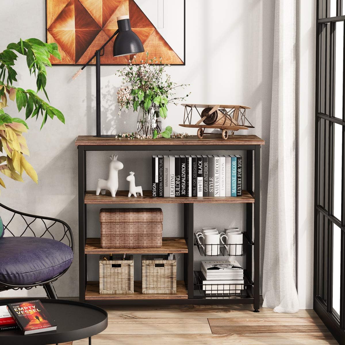 Homemaxs Kitchen Baker’s Rack, 4 Tier+ 4 Tier Microwave Storage Stand with 2 Slide-Out Mesh Baskets, Vintage Utility Shelf for Spices, Pots, and Pans Organizer Workstation - Rustic Brown: Kitchen & Dining