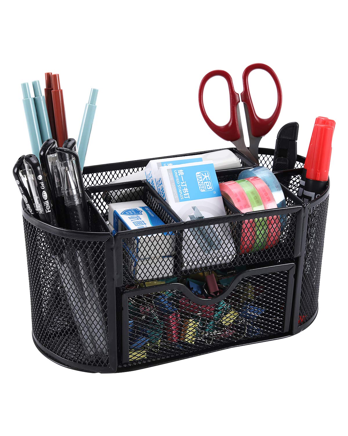 EasyPAG Office Mesh Desk Tidy Versatile Stationery Storage Desktop Organiser Pen Holder with Drawer,Black