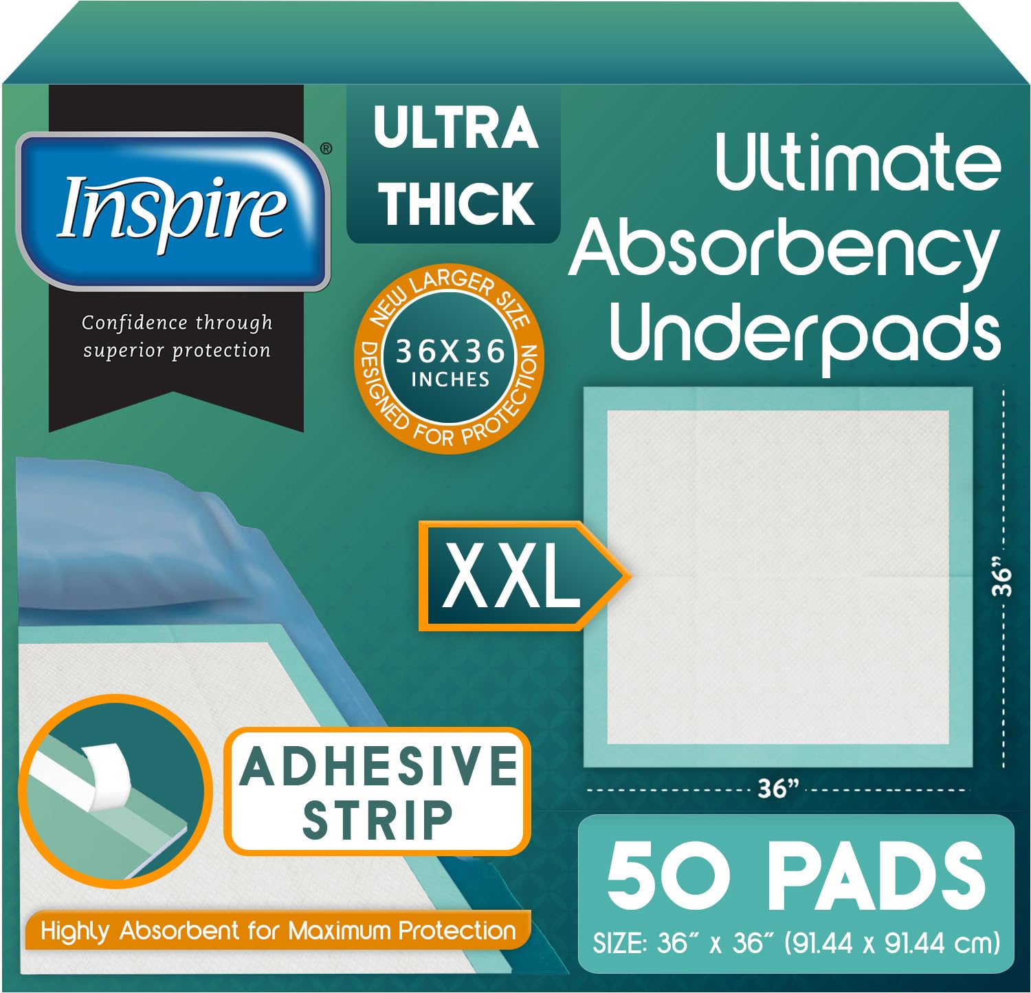 Photo 1 of Inspire Extra Large Super Absorbent Disposable Bed Pads for Incontinence Ultra Thick and Absorbent Bed Pads Disposable Adult | Puppy Pads | Pee Pads for Adults (36" X 36" Pack of 50 W/ Adhesive)