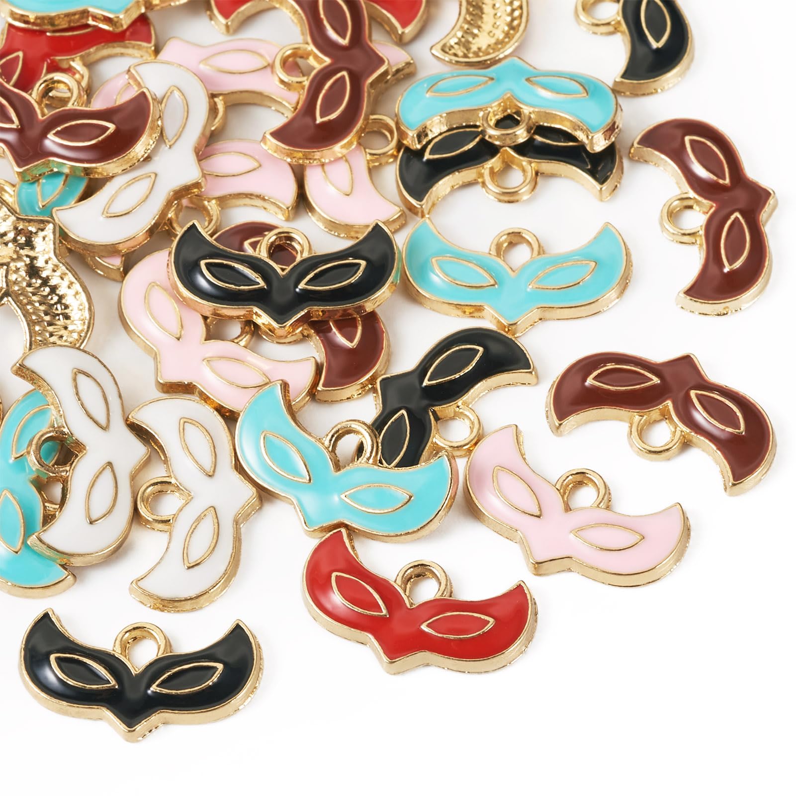 Spritewelry 36Pcs 6 Colors Alloy Enamel Fox Mask Charms Light Gold Cute Mini Animal Pendants Flat Masquerade Mask Dangle Charms for Earring Necklace Bracelet DIY Crafts Jewelry Making