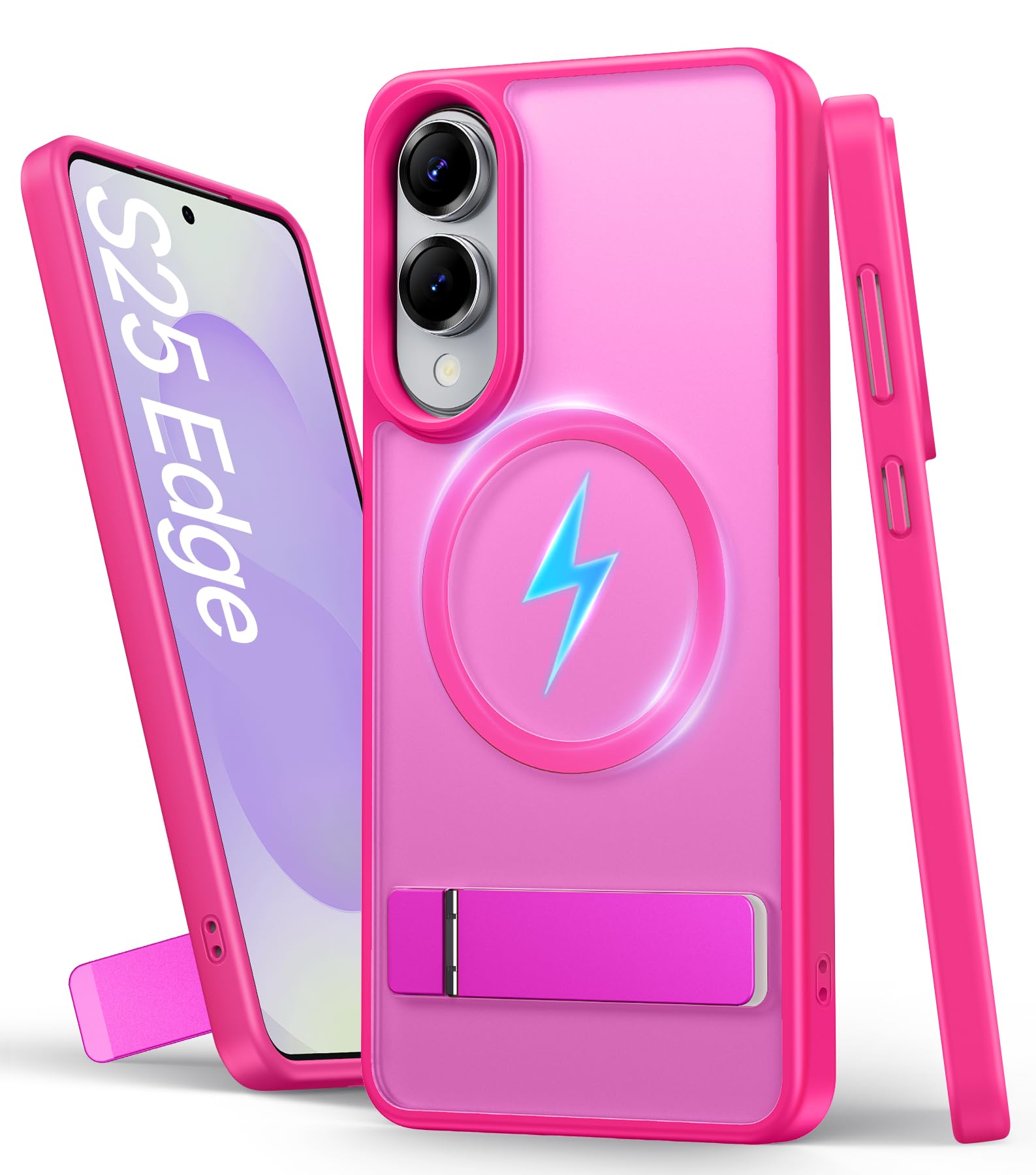 SIXBOX for Samsung Galaxy S25 Edge Case with Stand, Compatible with MagSafe & Raised Edge, Rugged Hard Back Silicone Full Body Protective Metal Kickstand Magnetic Phone Case for S25 Edge, Hot Pink