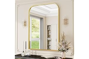 VETROVUE Gold Wall Mounted Bathroom Mirror - 36” x 24" Inch Round Top Right Angle Wall Mirror, Aluminum Metal Framed, Decor for Living Room, Bedroom, Fireplace, Mantle, Entryway, Bathroom