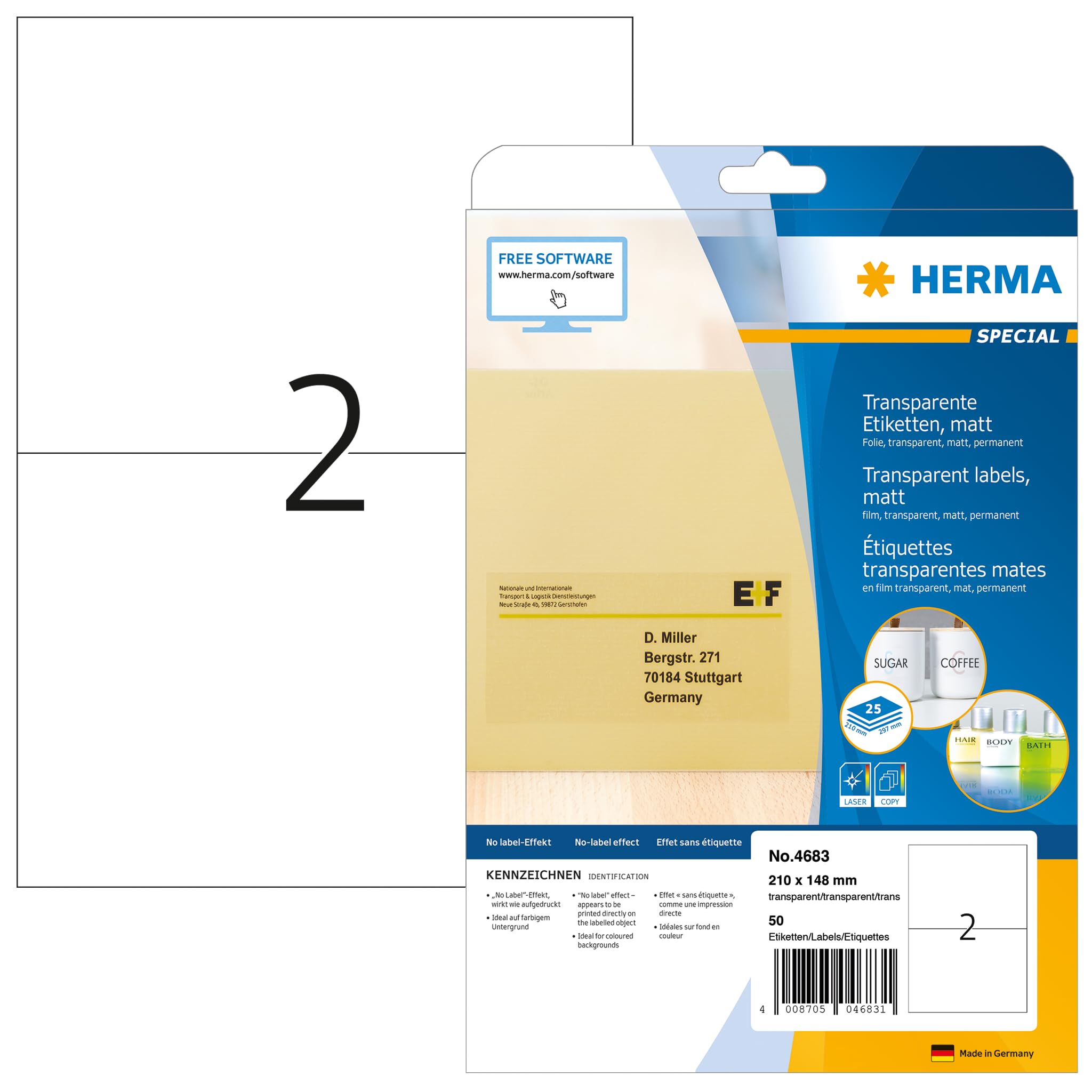 HERMA Transparent Film Labels, Matt, 210 x 148 mm, 50 Labels, Weatherproof, Laser Printer Compatible, 25 Sheets
