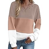 Zeagoo Women Waffle Knit Tops V Neck Long Sleeve Tunics Color Block Casual Blouse Fall Fashion 2026 Button Decor T Shirt
