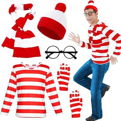 Glirop Adult Red White Striped Cosplay Costume Set Shirt Hat Scarf Gloves