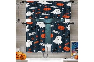 Culudea Halloween Cute Ghosts Kitchen Curtains Pumpkin Lantern Black BlueWindow Curtains Valance and Tier Set 36 Inch Rod Pocket Short Tier Curtain for Room, Cafe Kitchen Decor