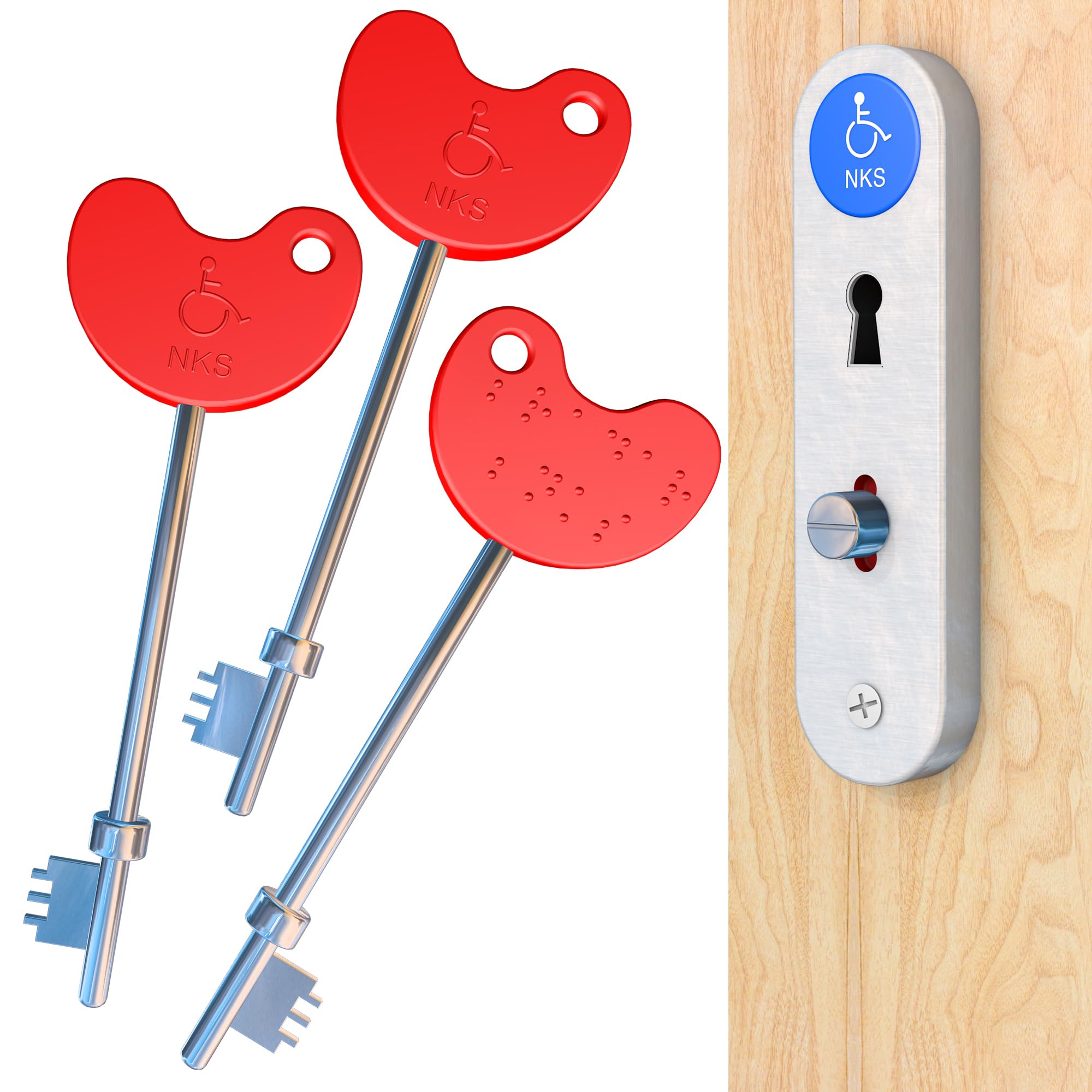Pack of 3 NKS Radar Keys for Disabled Toilets UK – Easy-Grip Red Plastic Head with Braille, Steel Keys – Unlocks 10,000+ Secure Toilets Across UK