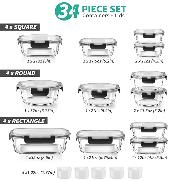 34PCS GLASS FOOD STORAGE CONTAINERS WITH LIDS SET, AIRTIGHT GLASS MEAL PREP CONTAINERS (17 CONTAINERS & 17 LIDS), LEAK PROOF LUNCH CONTAINER BPA-FREE, MICROWAVE, OVEN, FREEZER, DISHWASHER SAFE-BLACK