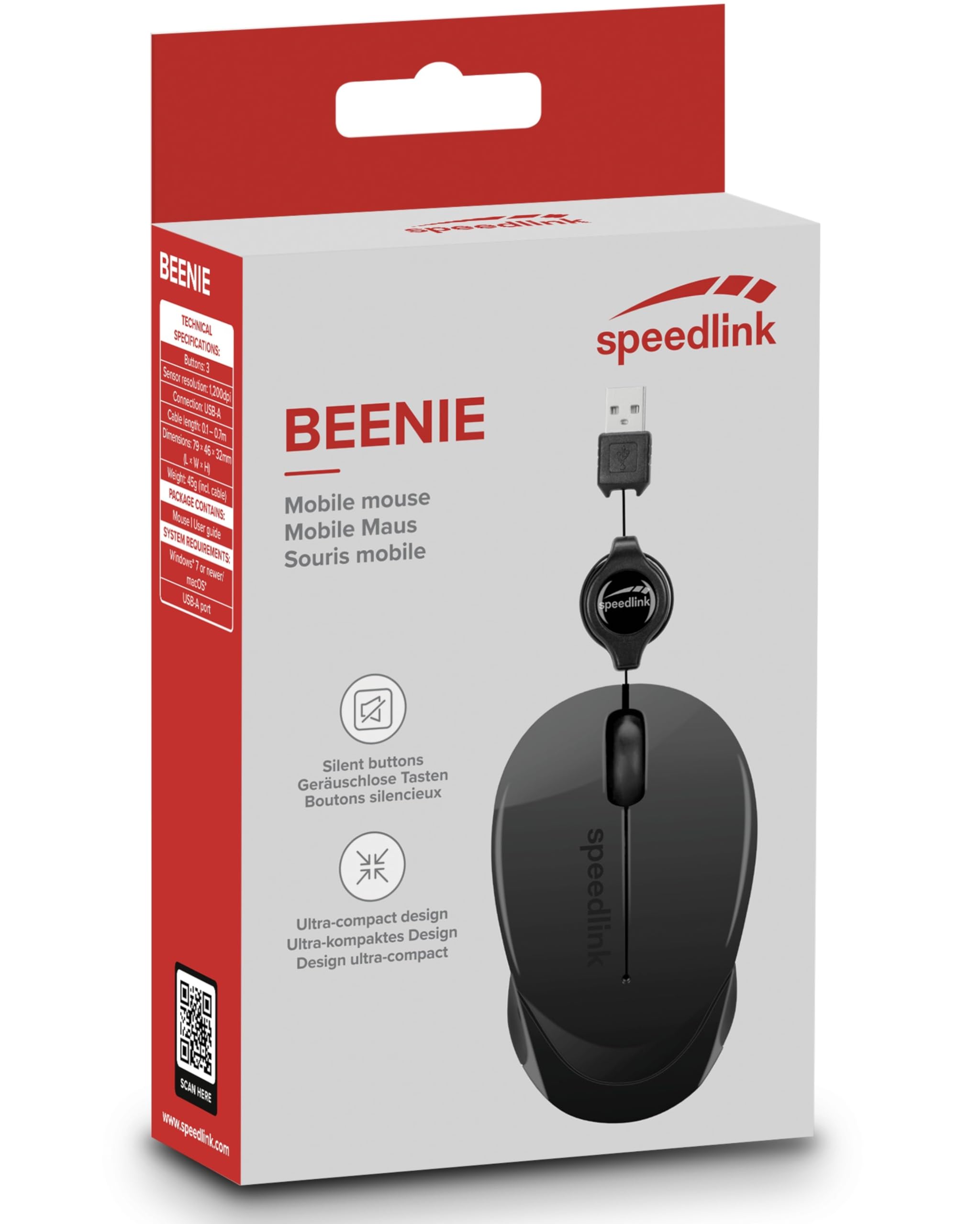Speedlink BEENIE Mobile Mouse silent - kleine, kompakte Maus kabelgebunden USB, einstellbare Kabellänge mit Kabeleinzug, leiser Klick, schwarz 7