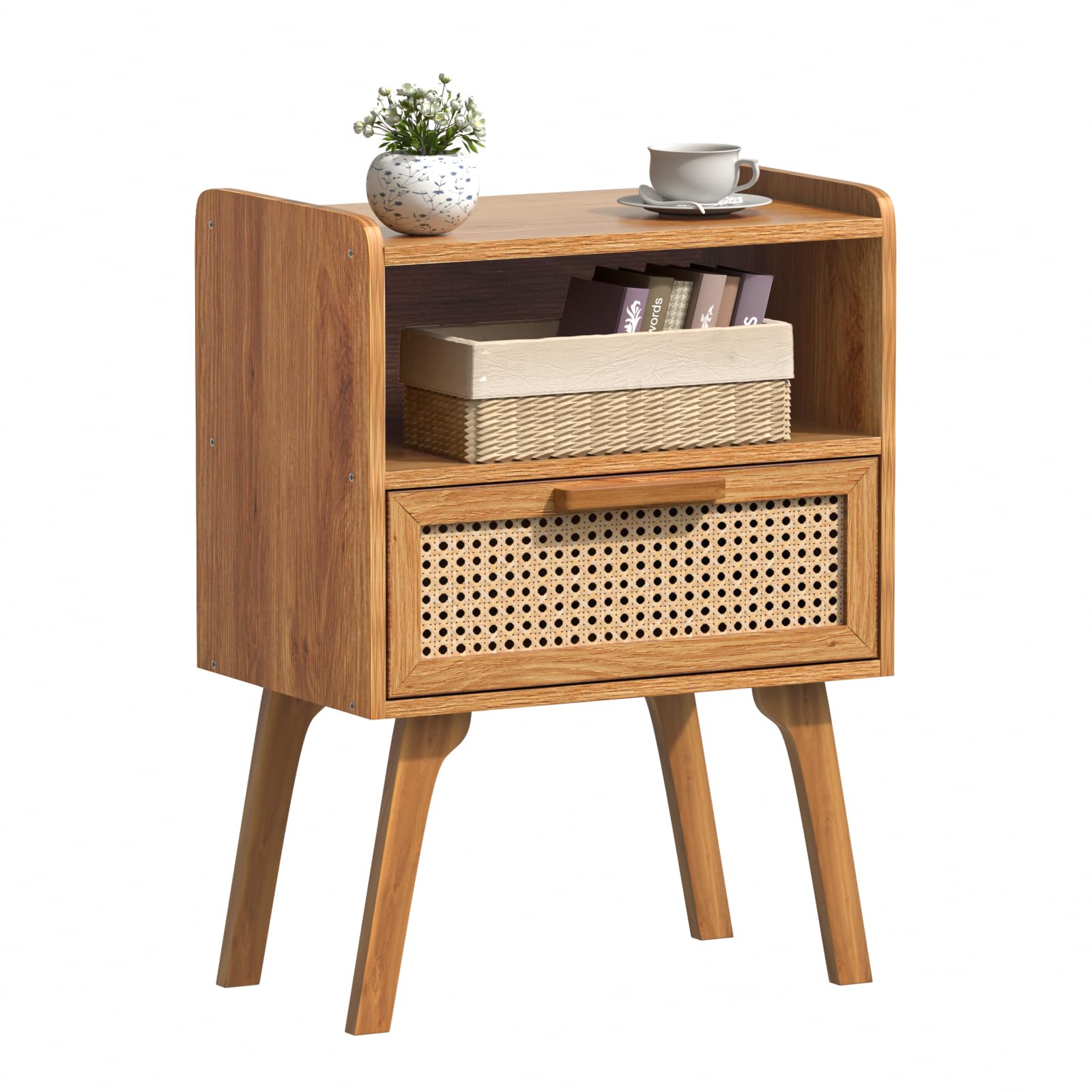 Photo 1 of Lerliuo Rattan Nightstand, Side Table with Drawer Open Shelf, Cane Accent Bedside End Table with Solid Wood Legs, Mid Century Modern Night Stand for Bedroom, Dorm and Small Spaces (Tea Brown)