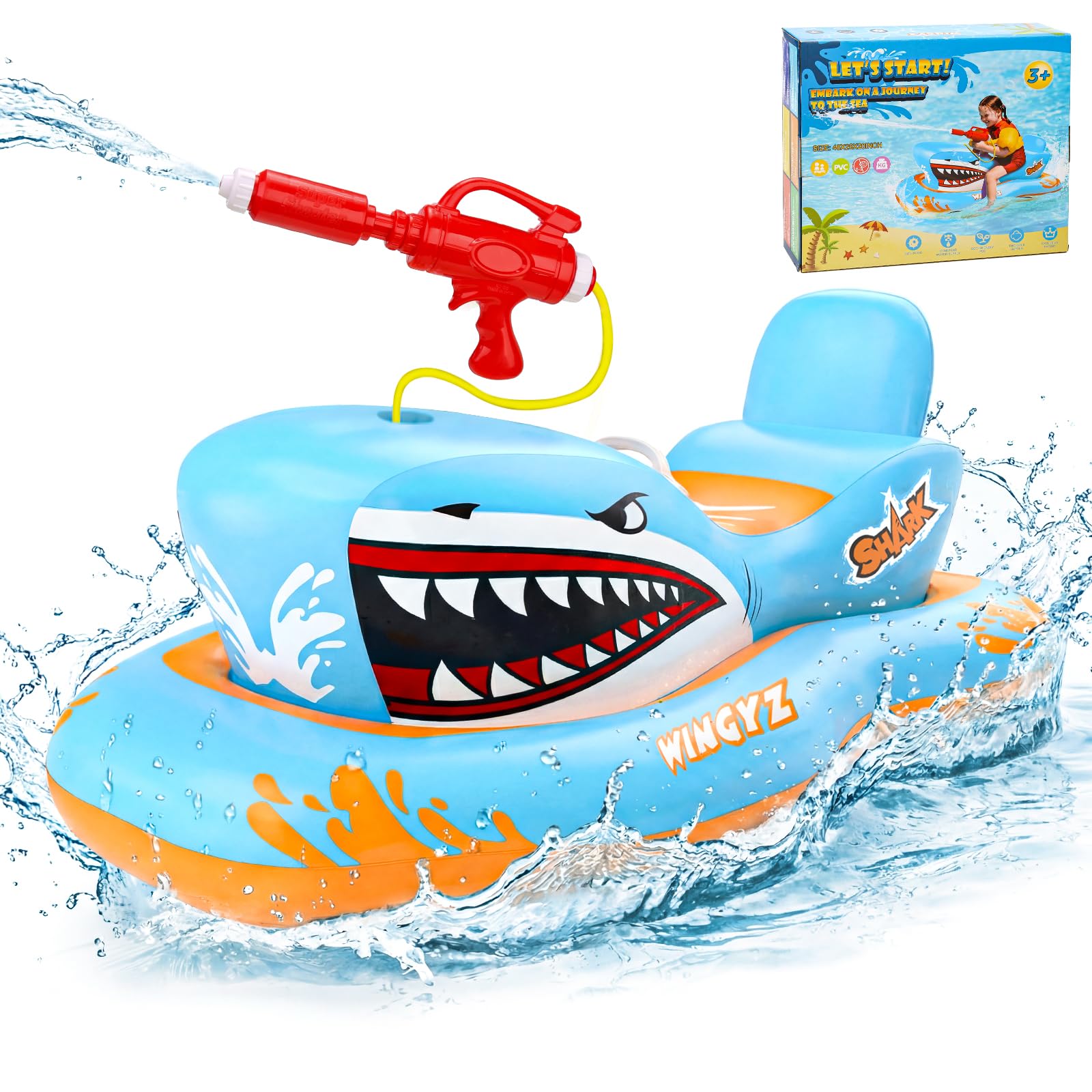 Wingyz Pool Inflatables, Shark Inflatable Pool Toys for Kids with Water Gun, Ride-on Boat Floats for 3-12 Years Old, Blow Up Swimming Rafts for Summer Garden Water Games,Gift for Boys & Girls