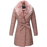 Pallivare Womens Puffer Jacket Winter Thickened Plush Lining Long Warm Coat with Removable Fur Collar and Belt Outerwear