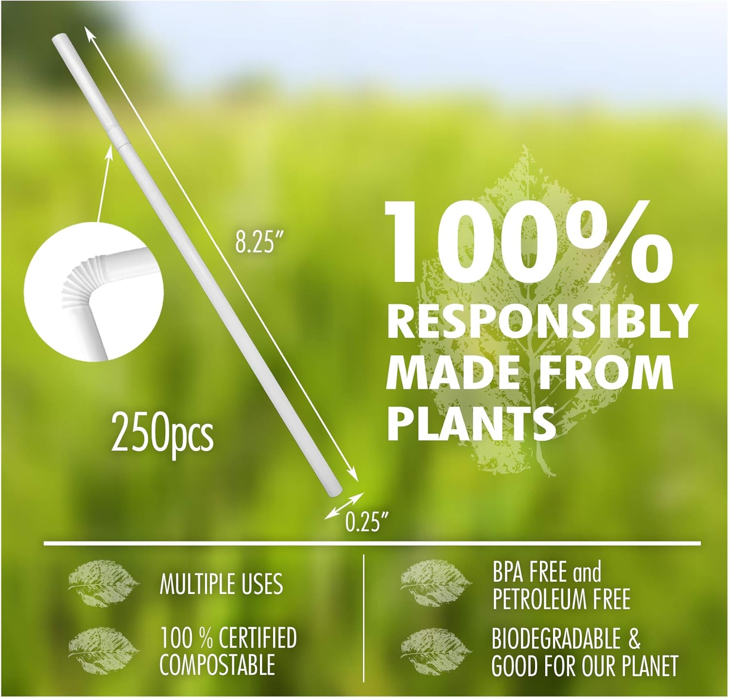 Greenchain Compostables, 250 Premium Plant Based Flexible Straws , 100% Compostable Party & Event Straws: Kitchen & Dining