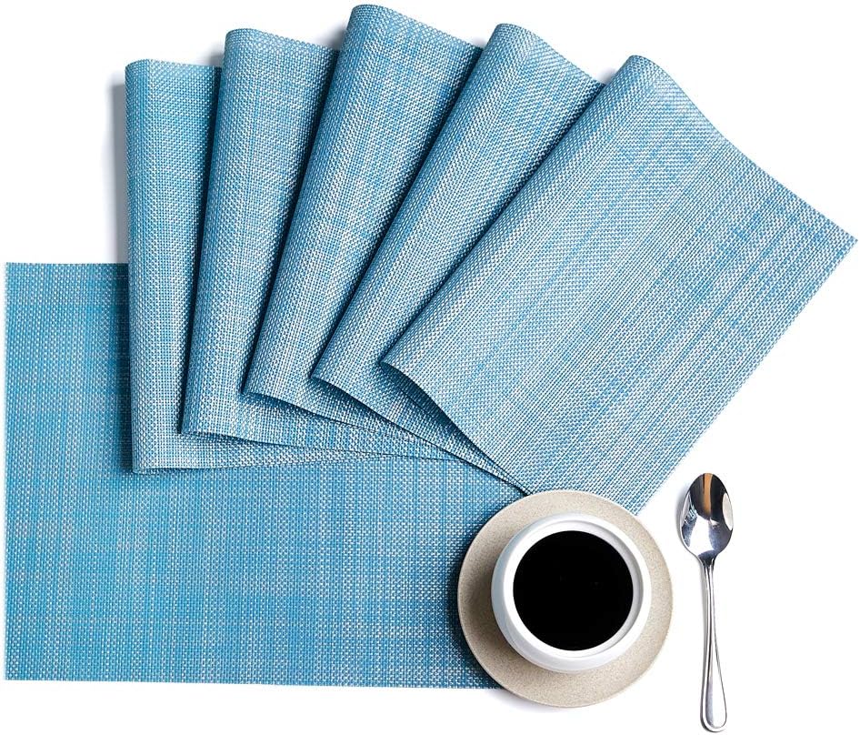 DOLOPL Placemats, PVC Table Mats,Placemat Sets of 6 Non-Slip Washable Coffee Mats,Heat Resistant Kitchen Tablemats (Blue)