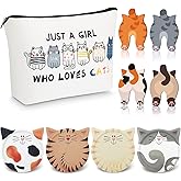 Hushee 9 Pcs Cat Lover Gift for Women, Cat Mom Gifts, Just a Girl Who Loves Cats, Kitten Pattern Makeup Bag, 4 Novelty Refrigerator Magnet, 4 Ceramic Drink Coaster for Pet Lovers Birthday Mother's Day