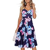 Drimmaks Women's Summer Casual Dress Florals Buttons Down Ruched Sweetheart Neck Sleeveless Midi Sundress