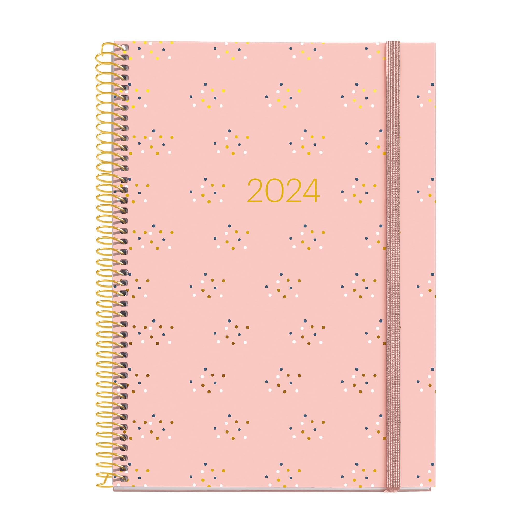 Miquelrius - Annual Diary 2024, Week to View, Plus Size 155 x 213 mm (similar A5), Hard Cover, Spiral Binding, Elastic Closure, Spanish, English and Portuguese, Minidots with Gold Stamping