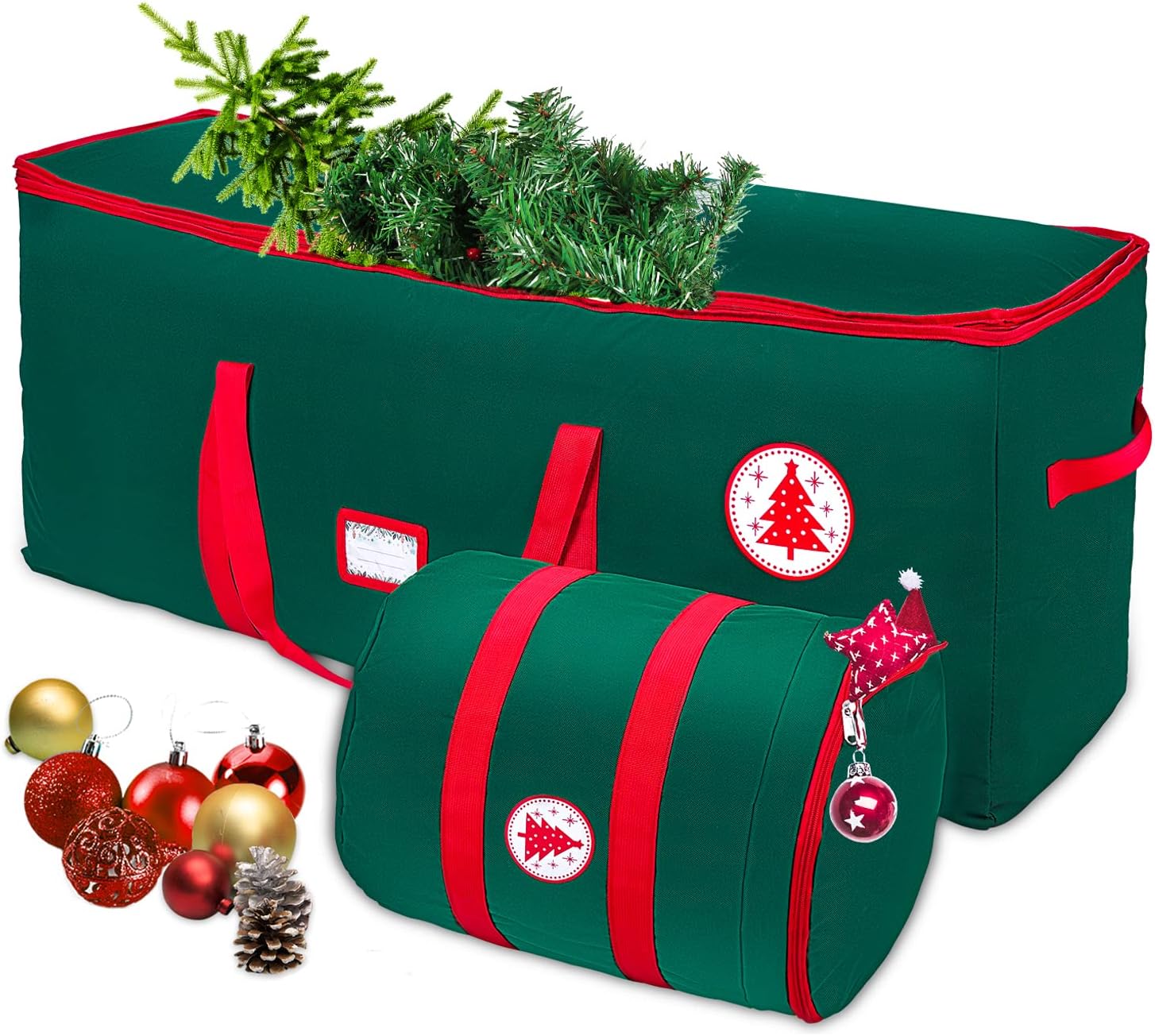 Holiday Décor Storage - YaNovate Christmas Tree Storage Bag Set 2-Pieces Heavy Duty Tree Bag Fits up to 7.5 ft Tall Christmas Artificial Tree with Reinforced Handles & Sleek Dual Zipper Waterproof Protects from Moisture & Dust