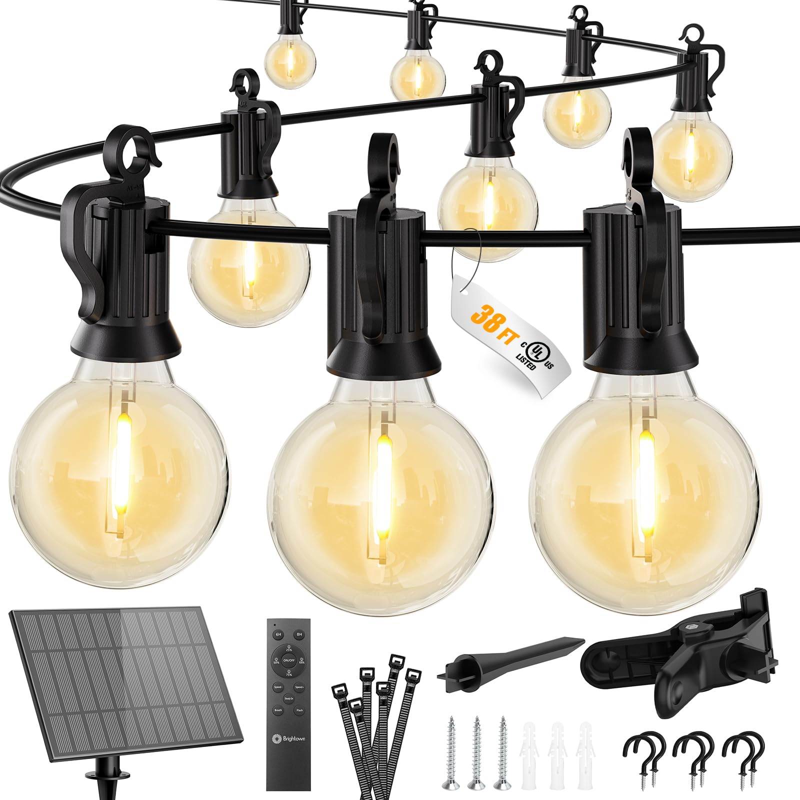 Photo 1 of Brightown 38FT Solar String Lights Outdoor with Remote and 16 LED Shatterproof Bulbs, Dimmable & Timable, 3 Light Modes, Solar Patio String Lights Outdoor for Cafe, Garden, Deck, Outside Wedding