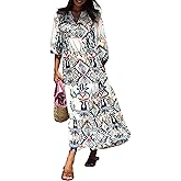 miduo Womens Loose Fit Casual Summer V Neck Half Sleeve Bohemian Geometric Pattern Maxi Long Dresses