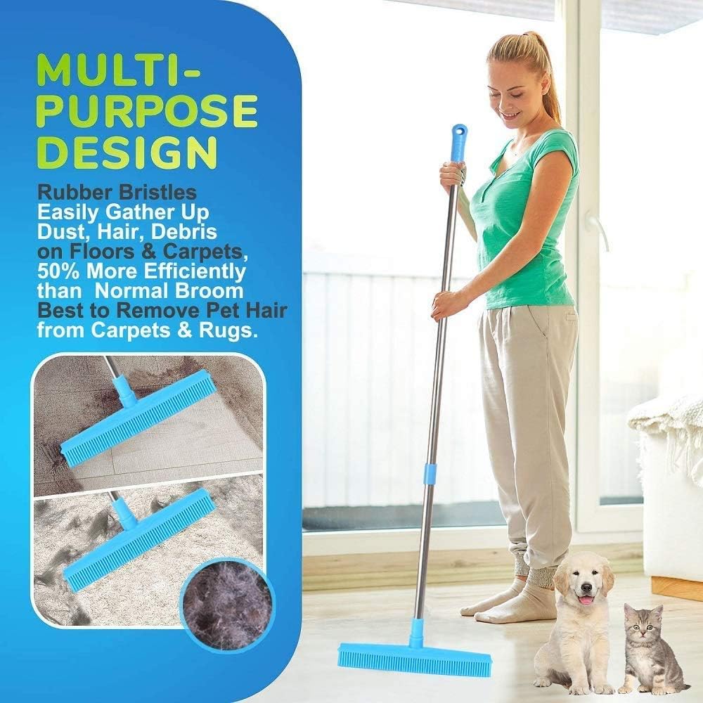 LandHope Carpet Rake Long Handle Pet Dog Hair Rubber Broom Squeegee Fur Remover Broom Carpet Brush 51 inches Indoor Outdoor Push Broom Car Floor Cleaning Non Scratch Bristles Rug Rake Sweeper(Blue): Kitchen & Dining