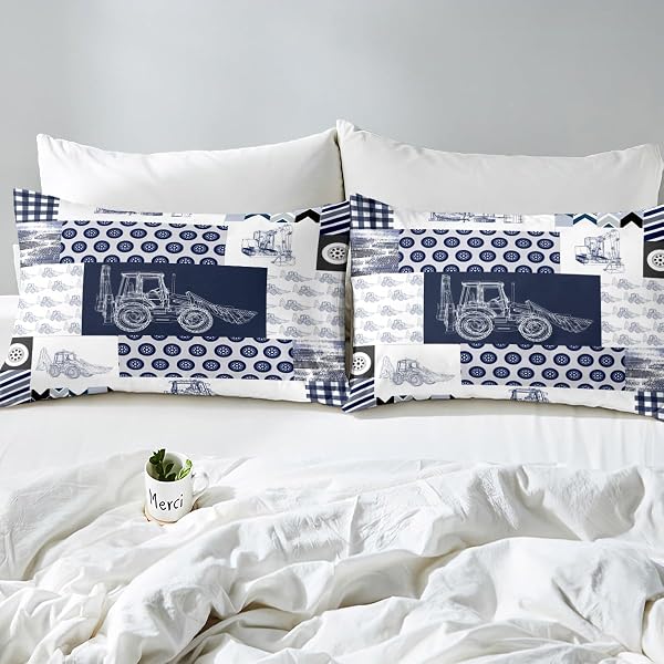 FEELYOU KIDS CONSTRUCTION BEDDING SET TWIN SIZE EQUIPMENT TRUCKS DUVET COVER FOR BOYS CARTOON CAR EXCAVATOR TRACTOR COMFORTER COVER SET CONSTRUCTION VEHICLES PLAID GRID BLUE AND WHITE BEDSPREAD COVER