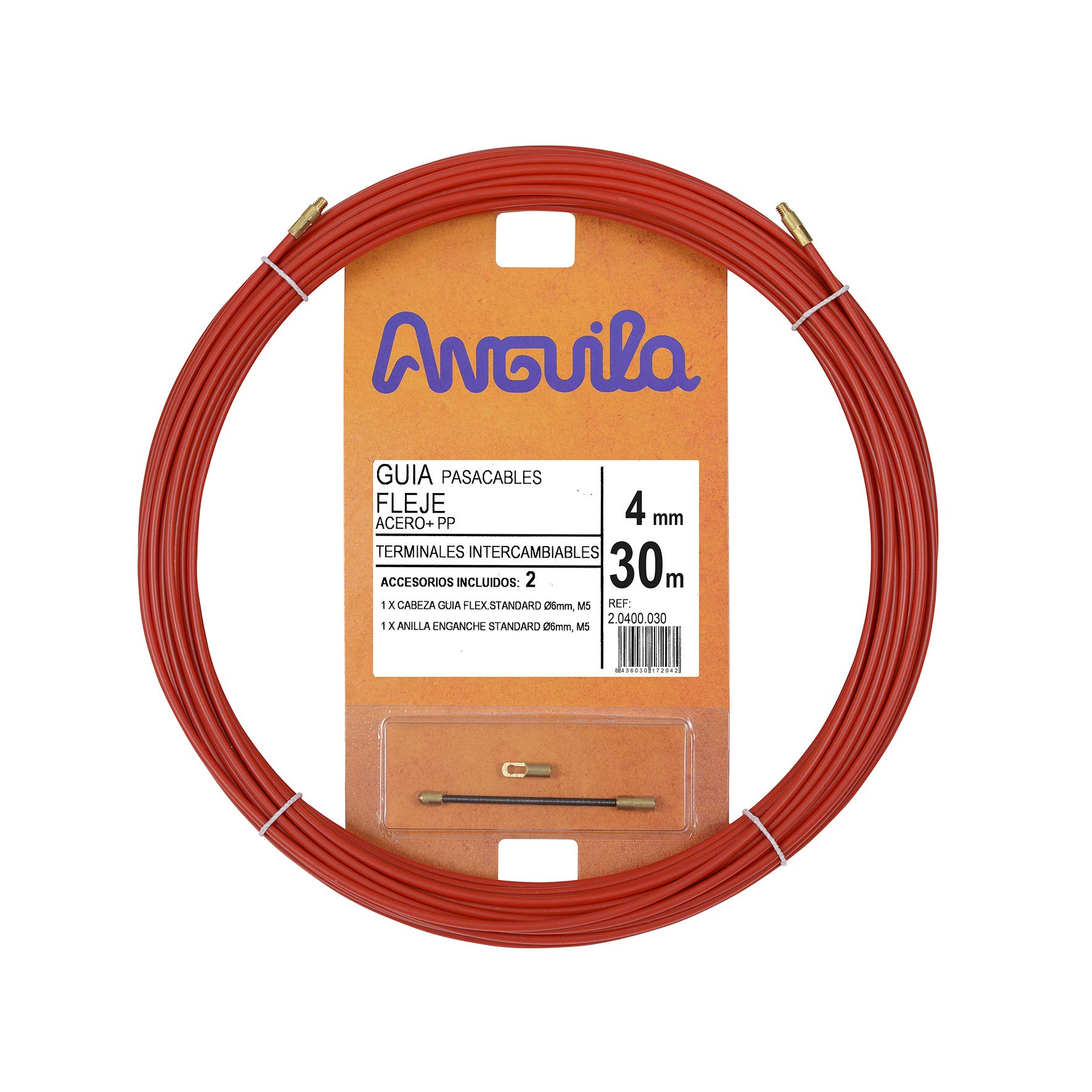 Anguila | Cable Guide | Interchangeable Terminals | Steel + Propylene Strapping | Red | Diameter 4 mm | 30 m