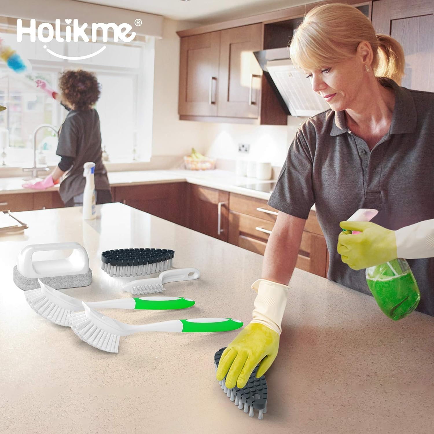 Holikme 5 Pack Kitchen Cleaning Brush Set, Dish Brush for Cleaning, Kitchen Scrub Brush&Bendable Clean Brush&Groove Gap Brush&Scouring Pad for Pot and Pan, Kitchen Sink, Green: Kitchen & Dining