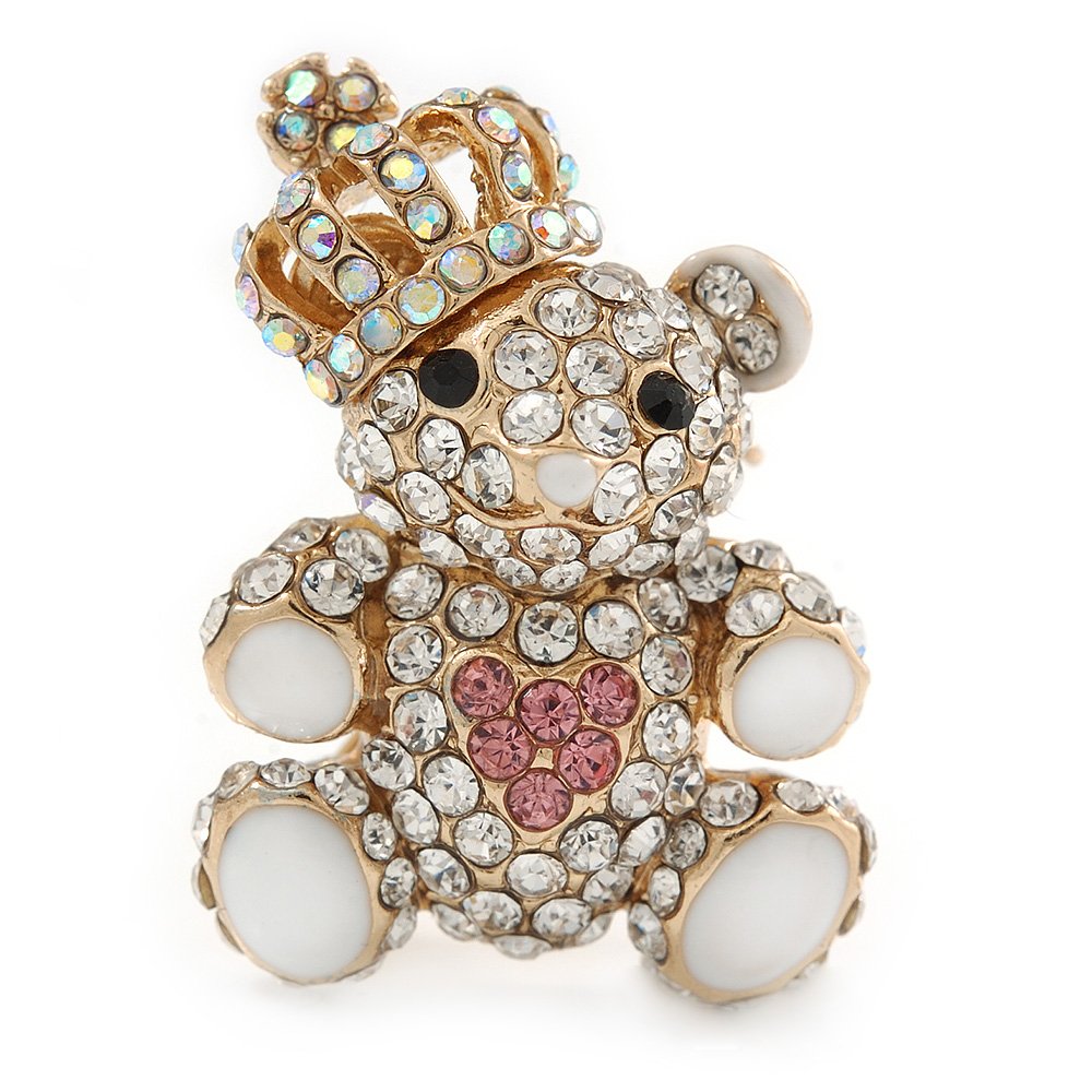 Small Clear Crystal Gold Tone Metal Royal Teddy Bear Brooch - 35mm L