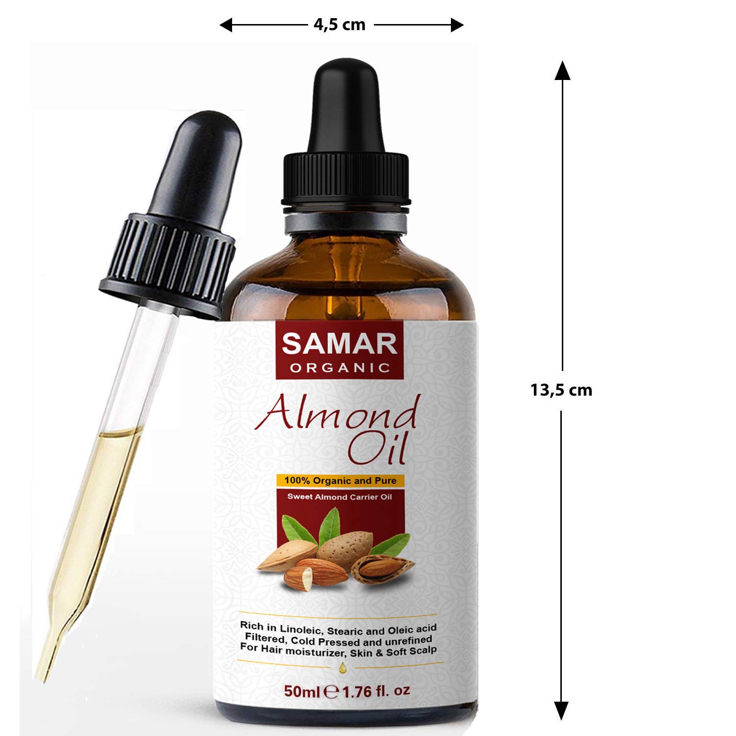 Almond Oil - Premium Quality 100% Pure and Certified Organic Sweet Almond Oil, Cold Pressed, Unrefined, Non-GMO. Ideal for Natural Hair Growth, Face Moisturizer, Makeup Remover and Body Massage 50ml