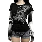 Y2k Grunge Striped Shirts Teen Girls Women Scene Alt 2000s Clothes Long Sleeve Emo Goth Top Vintage Graphic Tees