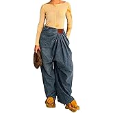 EHYFFYH Women's Denim Harem Pants Casual High Waist Pleated Wide Leg Jogger Denim Pants Streetwear