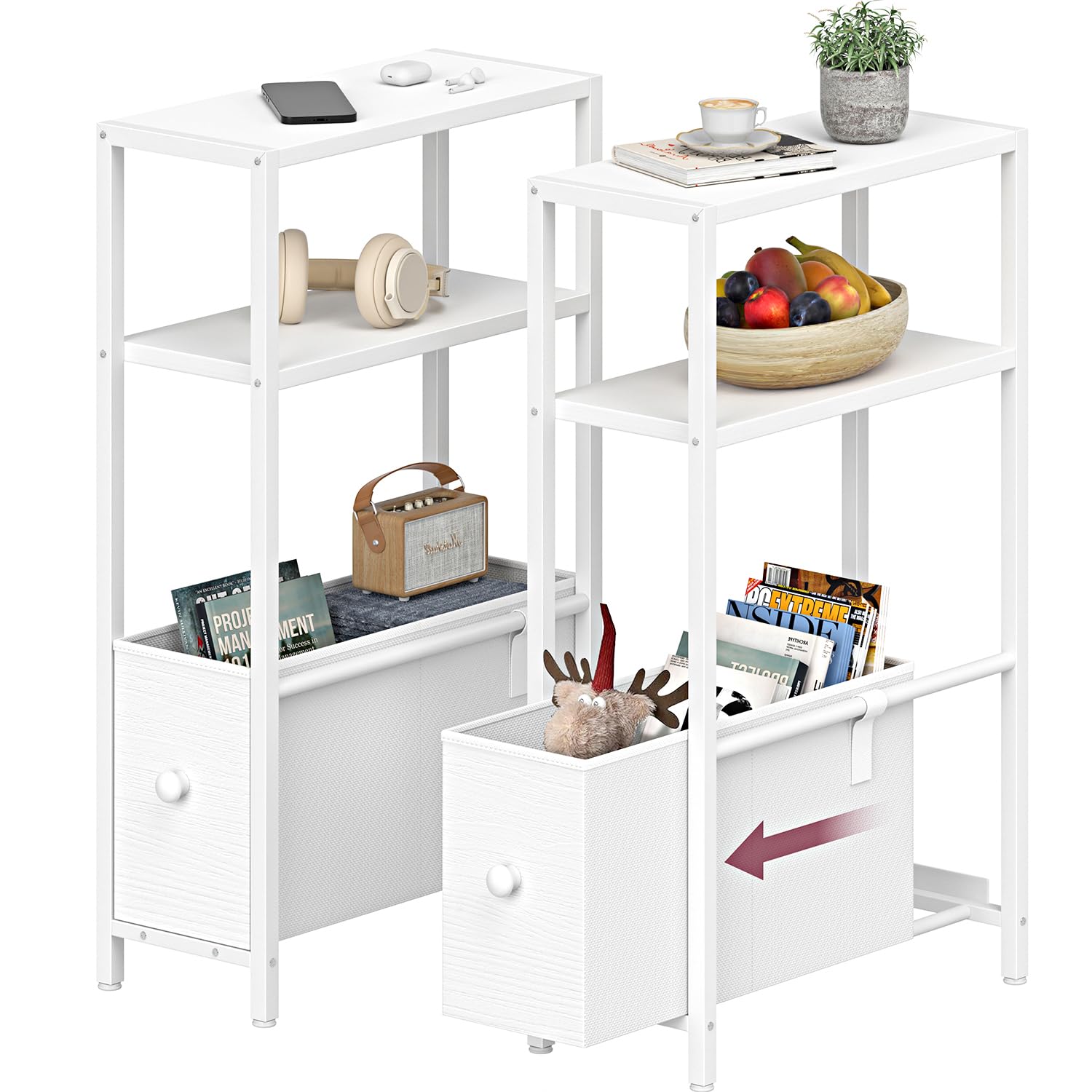 Photo 1 of KLUVIS Skinny Side Table with Storage - Narrow End Table for Small Space Bedroom Living Room Slim Bedside Tables Thin Nightstands Set of 2, White (06W2)