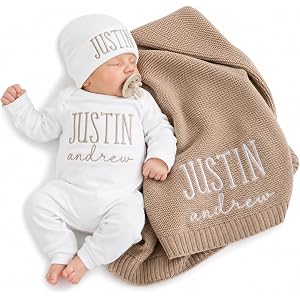 Personalized Baby Outfit Set with Embroidered Name, Custom Newborn Romper, Matching Beanie and Cotton Knit Blanket, Coming Ho