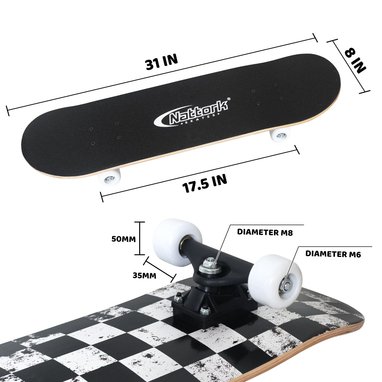 Nattork 31 Inch Complete Skateboard, Standard Skateboards for Beginners, Wood 9 Layer Canadian Maple Trick Skate Boards for Boys Girls Youth Teens Adults