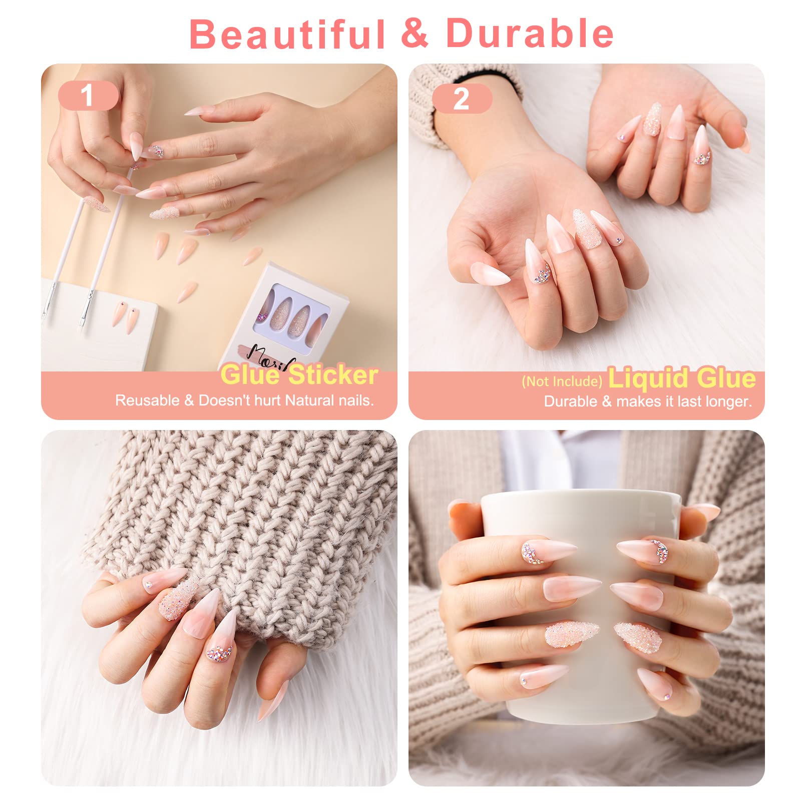 morily 24Pcs Ombre Press on False Nails with Design Glossy Pink Stiletto Fake Nails Kit Medium Length Long Luxury Crystal Acrylic Stick on Nails Tips Artificial Finger Manicure for Women - Image 5