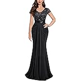 Miusol Women's Deep V-Neck Elegant Lace Sequin Pleated Evening Formal Maxi Dress