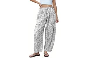 JOAU Womens Gingham Wide Leg Pants Casual Barrel Loose Drawstring High Waist Plaid Palazzo Harem Trousers with Pockets