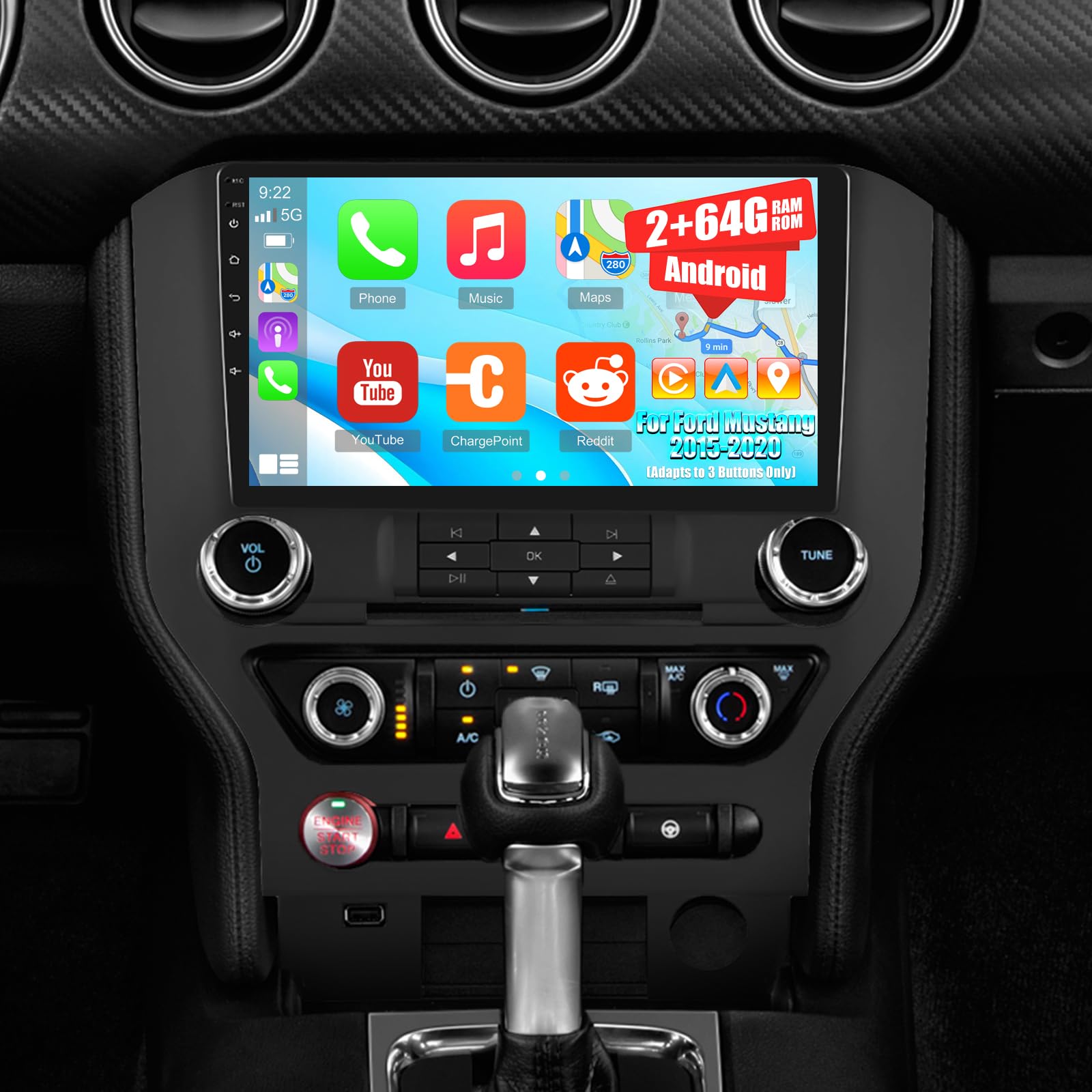 Photo 1 of [2G+64G] 9 inch Screen for Ford Mustang Radio 2015 2016 2017 2018 2019 2020 (Adapts to 3 Buttons Only), Android Mustang Car Stereo Support Carplay/Android Auto/1080P/Bluetooth/FM RDS